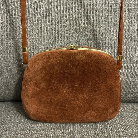 Brown Suede Crossbody Bag with clasp closure & gold hardware - Picture 3 of 11